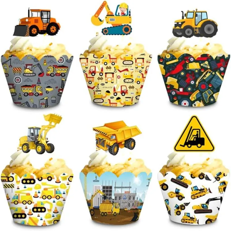 Autres fournitures de fête festives 2 pièces Construction camion Cupcake Toppers et emballages ensemble Bulldozer tracteur pelle à thème pour enfants garçons Bir