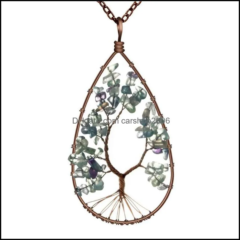Pendant Necklaces 6PCS Bronze Winding Water Drop Shaped Natural Stone Long Tree Of Life Reiki Healing Jewelry For Women Gift