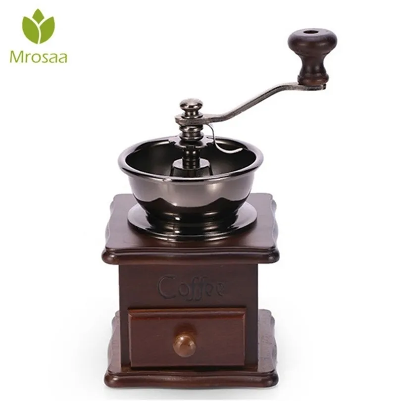 Klassieke houten handmatige koffiemolen Hand Roestvrij staal Retro Coffee Spice Mini Burr Mill met hoogwaardige keramische Millston T200523