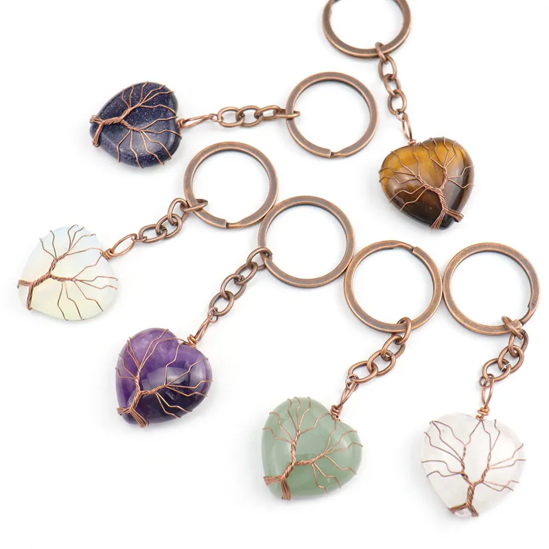 Rétro fait à la main arbre de vie porte-clés coeur pierre naturelle guérison cristal Quartz porte-clés clés chaîne porte-clés