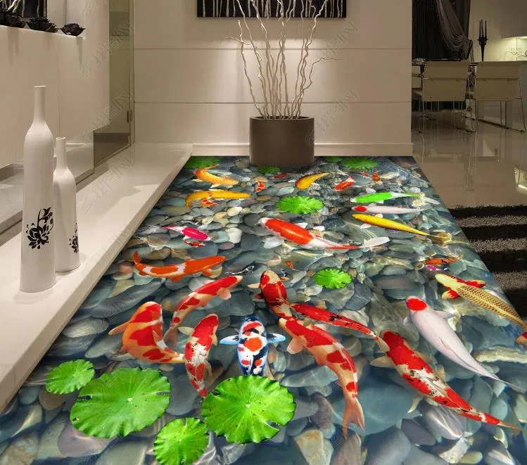 2022 3D Flooring Papel de Parede خلفية السمكة لوتس المرصوفة بالحصى ثلاثي الأبعاد لغرفة المعيشة غرفة نوم الحمام