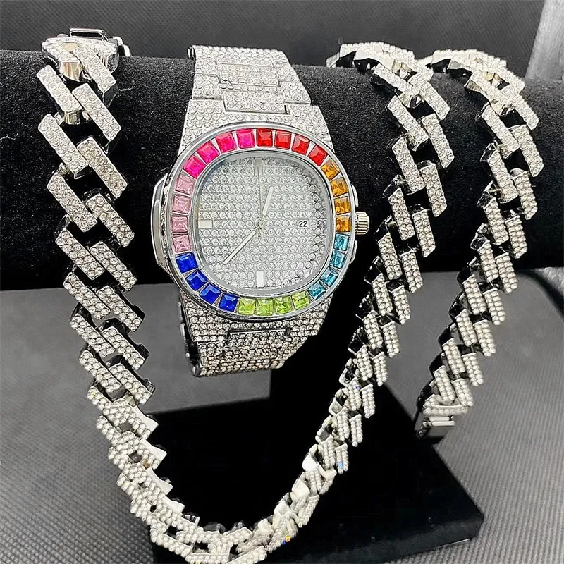 3 Sztuk Męskie Hip Hop Biżuteria Zestaw Iced Out Watch Naszyjnik Bransoletka Bling Mima Cuban Łańcuchy Kobiety Złoty Zegarki Manreloj Hombre W220419