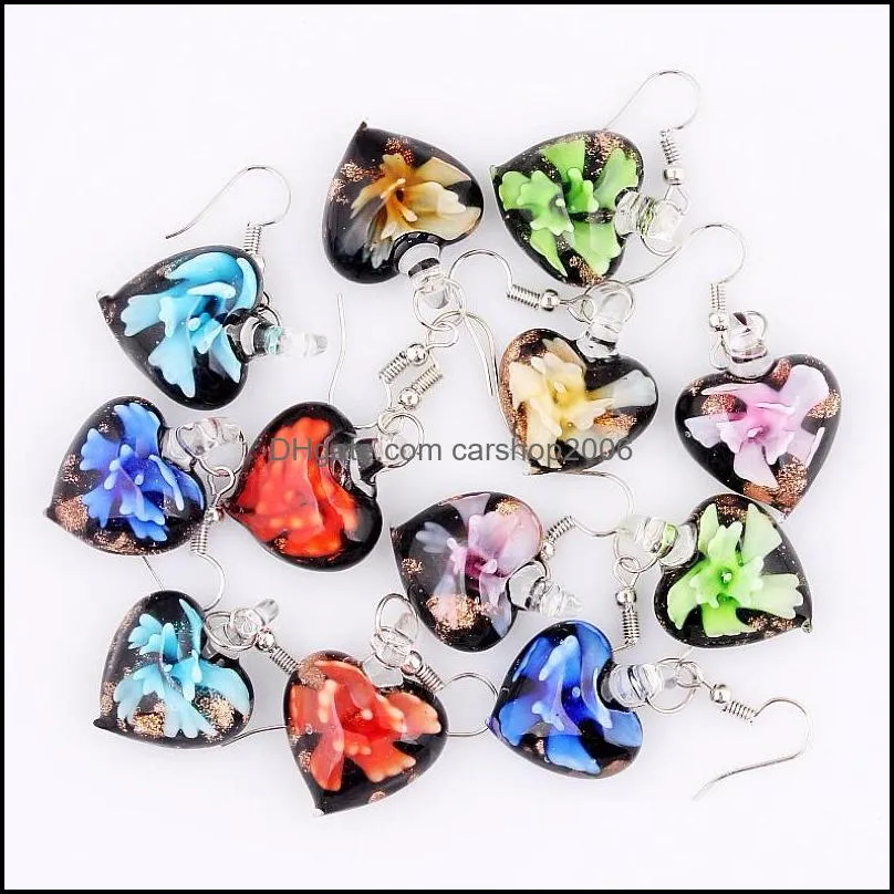 6paris fashion charming heart lampwork glass pendants earrings flower silver hook earring jewelry wholesale