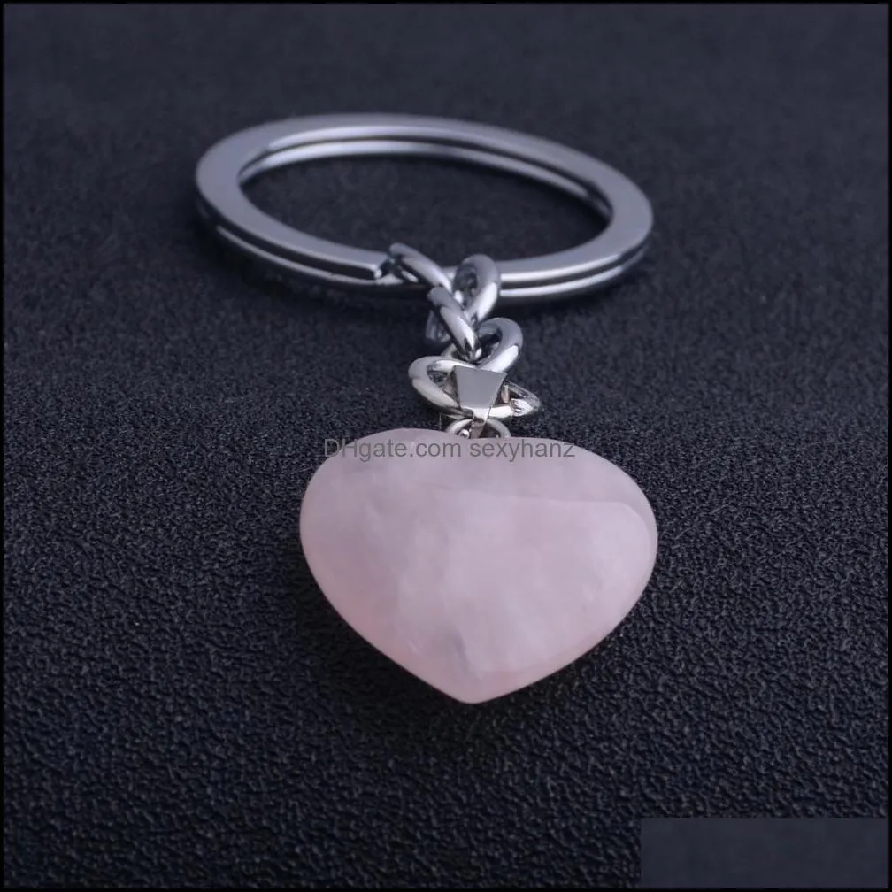 Heart-Shaped Natural Crystal Stone Keychain Reiki Healing Keyring Key Chain Stone Pendant Jewelry Gifts