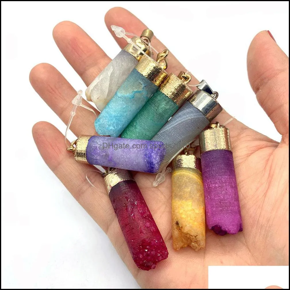 colorful druzy crystal stone cylindrical charms pendant for jewelry making chakra reiki healing green pink yellow pendants sports2010