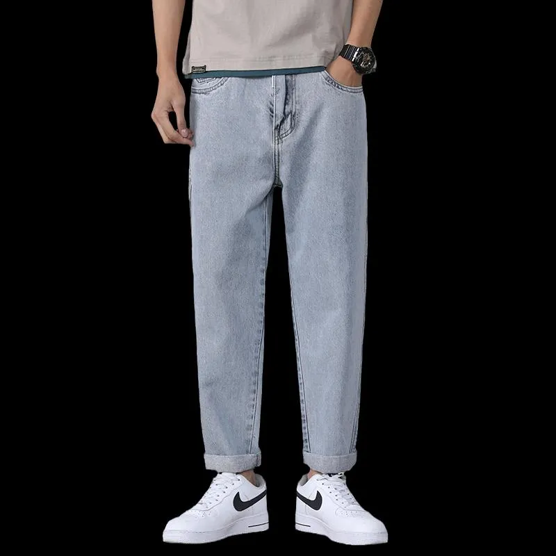 Mäns Jeans Män Loose Fit Ljus Blå Straight Cut Pants Oversized 2022 Ankomst Vårkläder Man Byxor Korea Style
