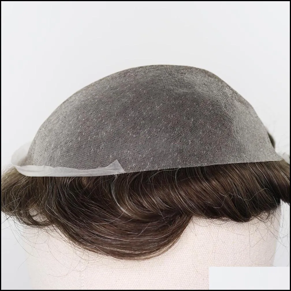 men brown mixed grey remy human hair #610 highlight skin pu thin pu replacement system hairpieces man toupee240o
