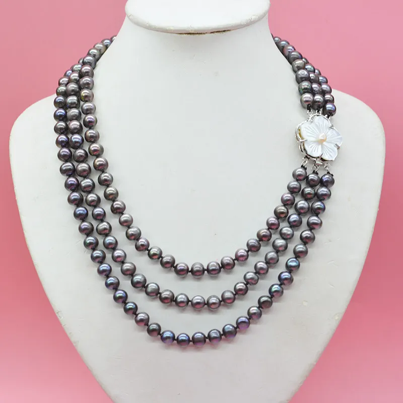 Классическое свадебное ожерелье вручную, 3, 3, 7-8 мм натуральные пресноводные жемчужины белый розовый черный ракушка цветочная застежка модные украшения