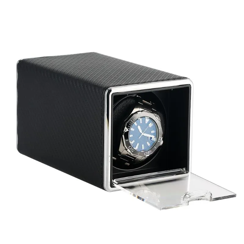 Watch Boxes & Cases Black Carbon Fiber Leather/Paint Winder Motor Square Self-winding Automatic Rotating Box Mechanical Clock USB Cable