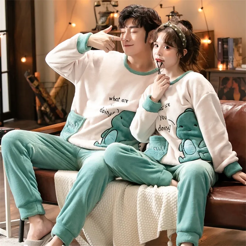 Herfst Winter Pyjama Sets Pyjama's Dames Cartoon Leuke Home Wear Mannen Pijama Kleding Flanel Nachtkleding Dinosaurus Paar 220329