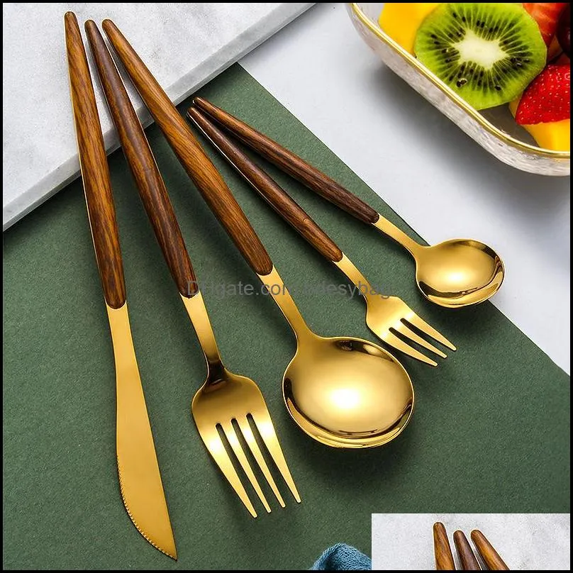 visual touch luxury silverware wooden handle gold silver dinner flatware set dessert spoon fork knife sets for home commercial2175