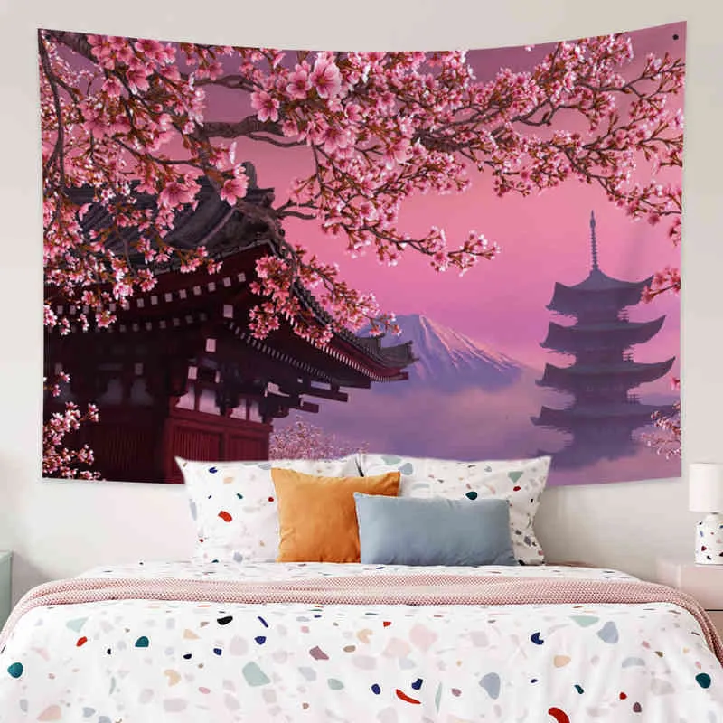 Tapisserie murale rose imprimée du mont Fuji, décoration de maison imprimée de vieux Temple, fleurs de cerisier japonais, J220804
