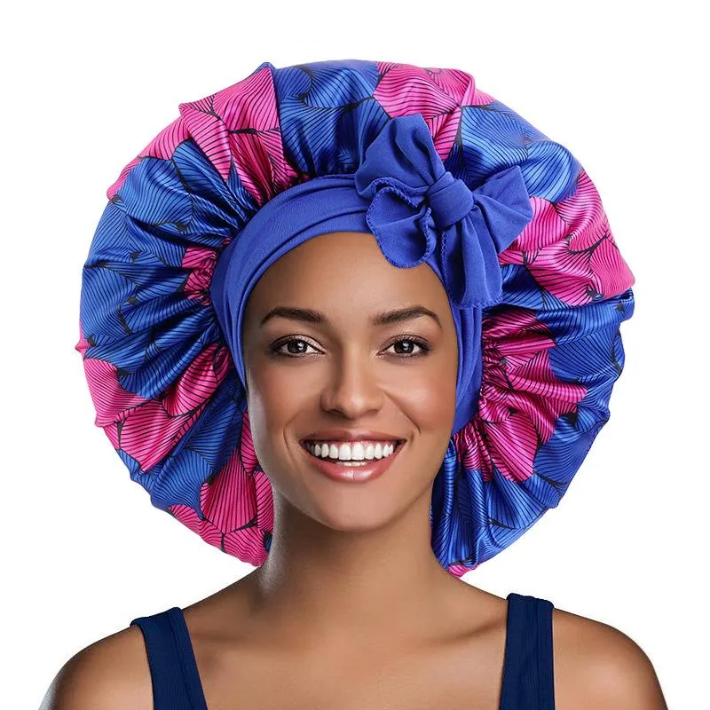 Beanie/Kafatası Kapakları Gece Uyku Kapağı Ayarlanabilir Geniş Bant Elastik Kafa Sarısı Saç Kaput Şapkası Ekstra Büyük Afrika Desen Baskı Satin Kadınlara