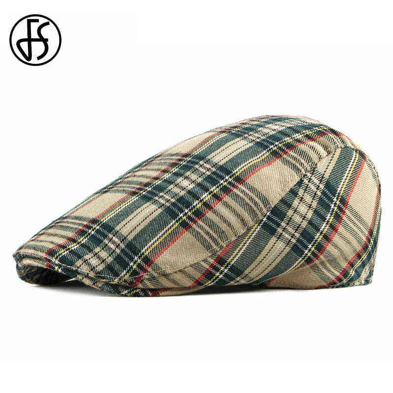 FS Spring Summer Women Men Plaid Flat Caps Casual Cotton Vintage Berets Hats Green Red Classic Geroold Stijlvol Boina Casquette J220722