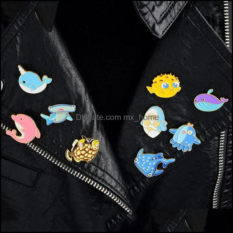 animal sea shark whale brooch pins enamel cartoon lapel pin for women men top dress fashion jewelry