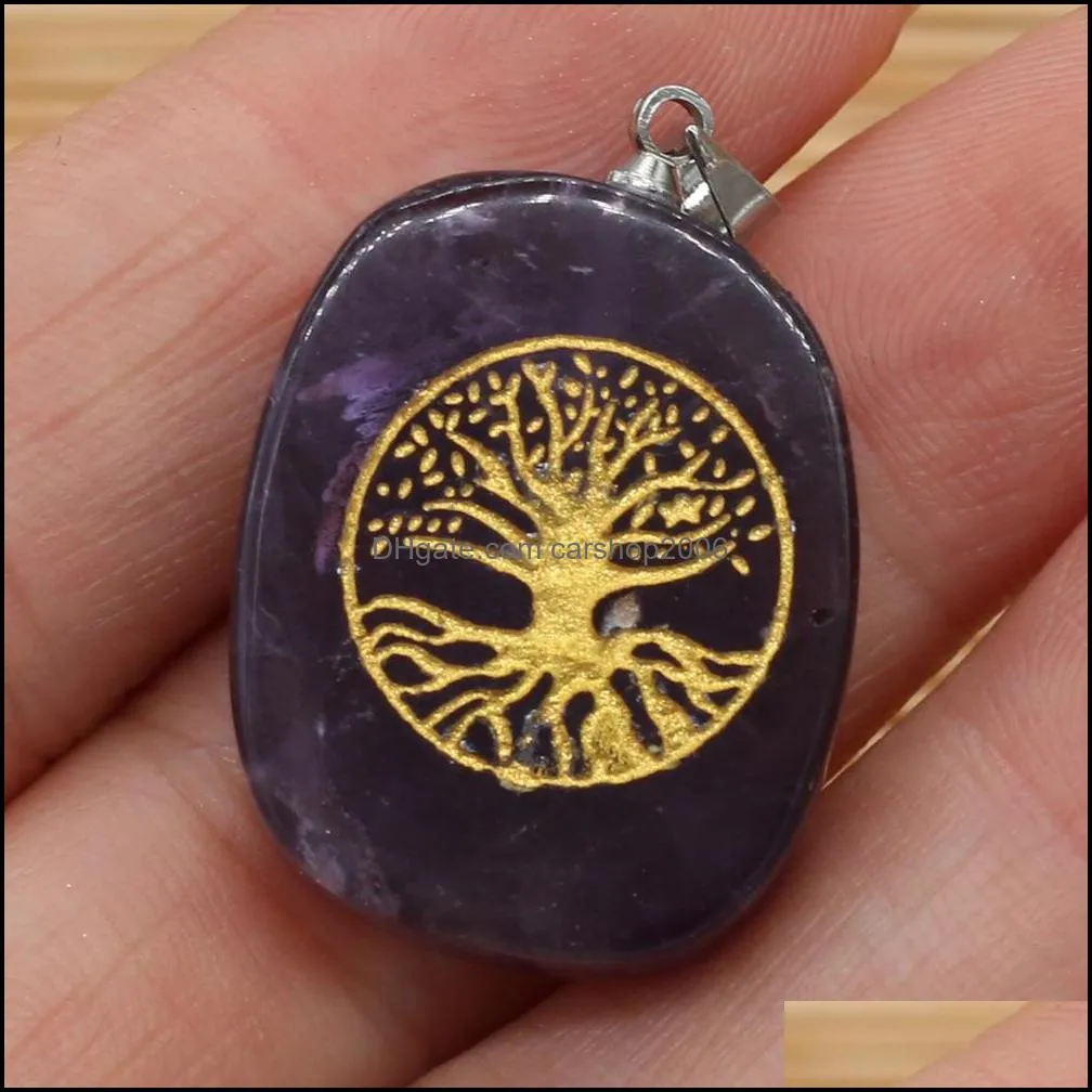 chakra reiki healing semi-precious stone pendant charms tree of life pattern pendants amulet crystal meditation for men women jewelry