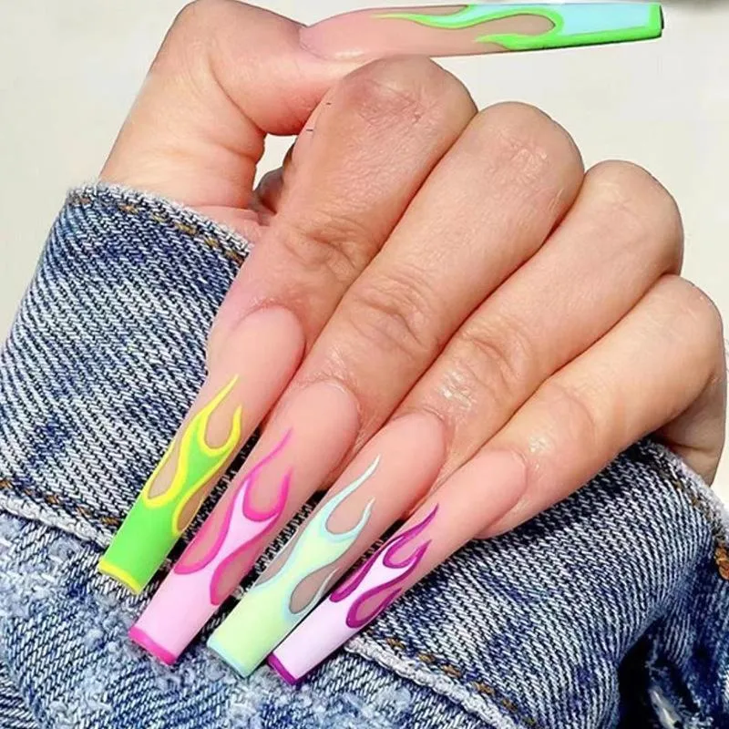 Unhas postiças 24 pçs longo balé fosco com cola verde roxo chama destacável imprensa em acrílico dicas de unhas falsas ferramentas de manicureFalso