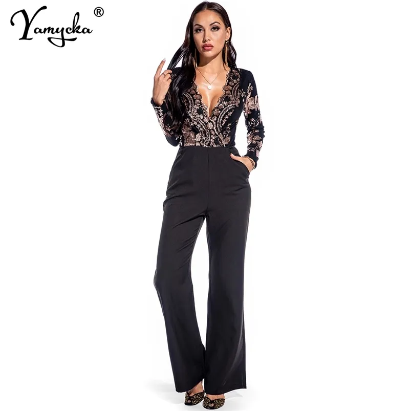 Sexy body Long sleeve Sequin jumpsuit women bodycon bodysuit rompers woman Club outfits party jumpsuits overalls drop HL 220521