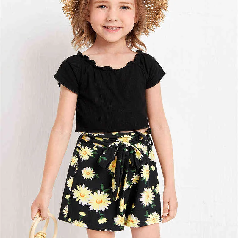 2022 sommer Neue Kinder Set Sonnenblumen Druck Mädchen Kleidung Anzüge Kurzarm Rüschen Kragen T-shirt Floral Hosen Kinder Sets G220509