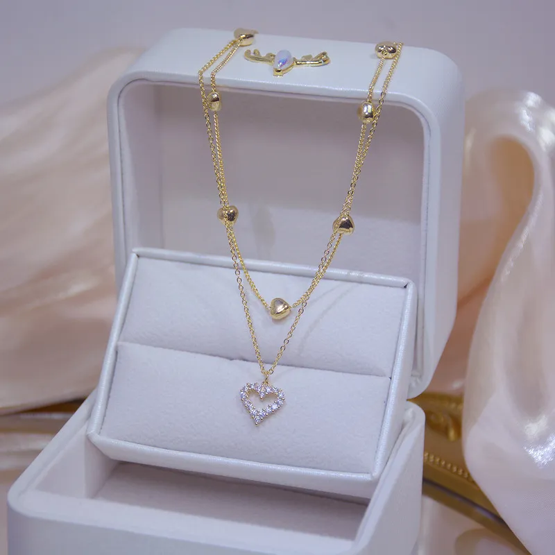 Women Clavicle Chain Elegant Charm Wedding Pendant Necklace Gold Color Double Layer Heart Necklaces Shining Bling AAA Zircon Jewelry Gift