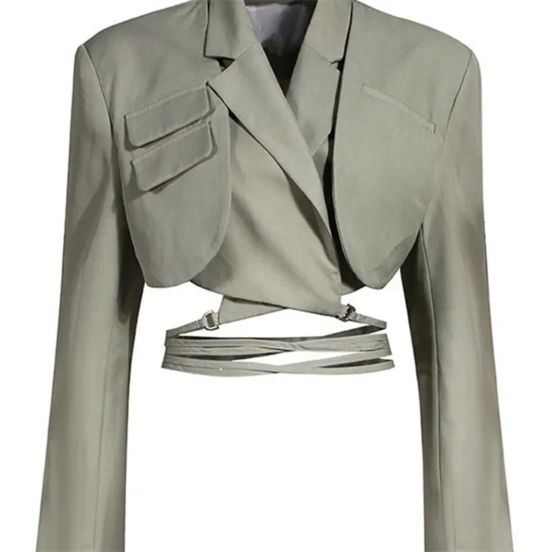 Articat Gray Double Layer Bandage Slim Blazer Women Long Sleeve Pocket Short Jacket Female Notched Collar Outwear Tops 220812