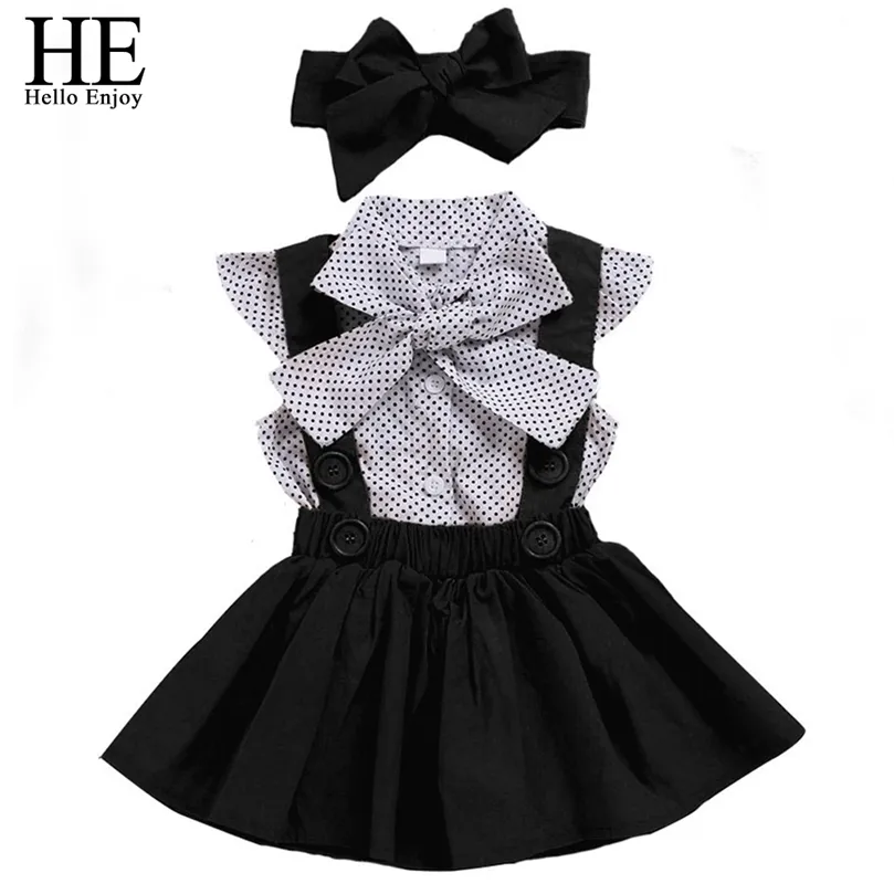 HE Hello Enjoy Kid Clothes Baby Girls Clothing Sets Summer Flying Sleeve Dot Top+Strap Skirt+Headband 3pc Princess Suit 2 6 8 12 220509