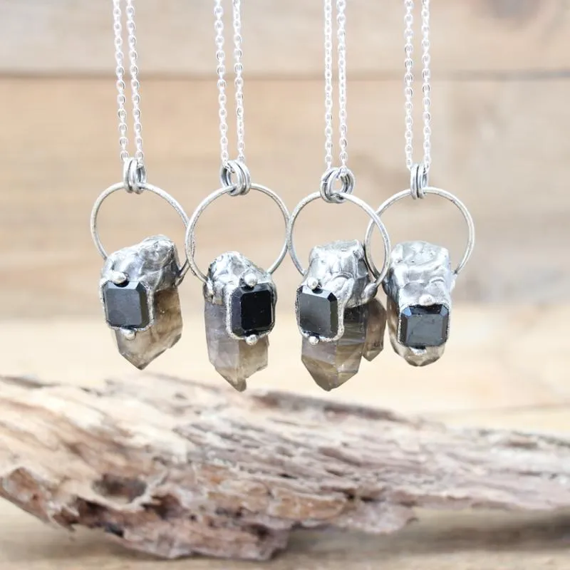 Pendentif Colliers Soudé Antique Argent Brut Fumé Quartzs Point Pendentifs Cristal Naturel Incrustation Obsidienne Cuivre Boho Bijoux QC3226Pendentif