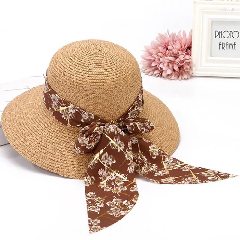 Wide Brim Hats 1x Simple Foldable Wide-brimmed Floppy Straw Hat Girl Dome Ribbon Bow Sun Summer Beach UV Protection Travel HatWide Pros22