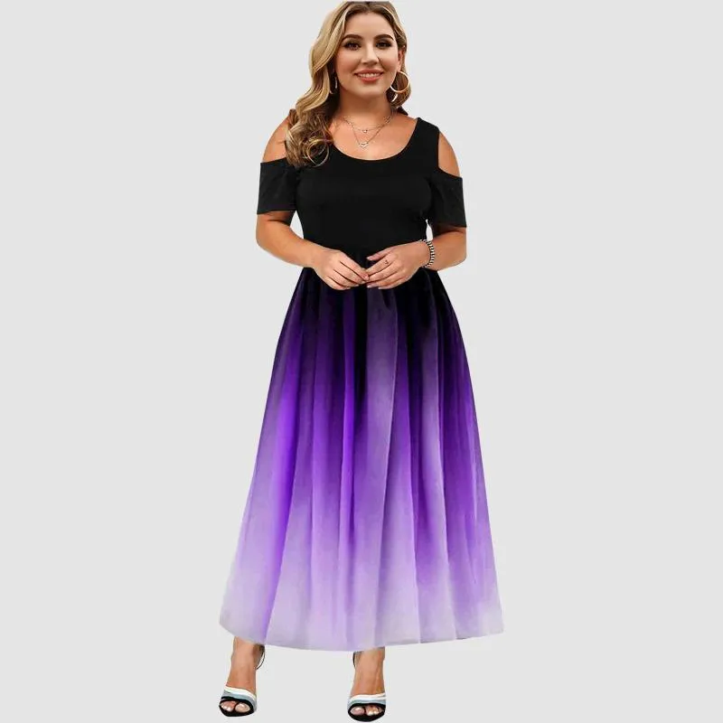 Plus Size Dresses Women Sexy O-Neck Strapless Gradient Splicing Short Sleeve Dress Casual Women's Summer Maxi Long Vestidos