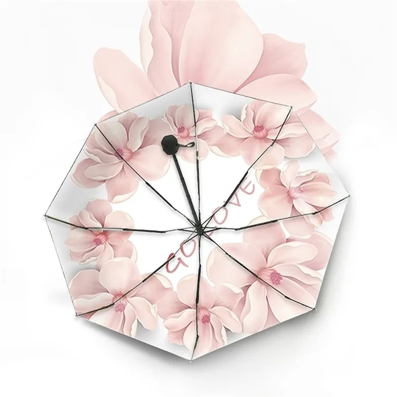 Mini Pocket Automatic Folding Rain Women Capsule Pink Flowers Parasol Windproof UV Protection Female Paraply 210320
