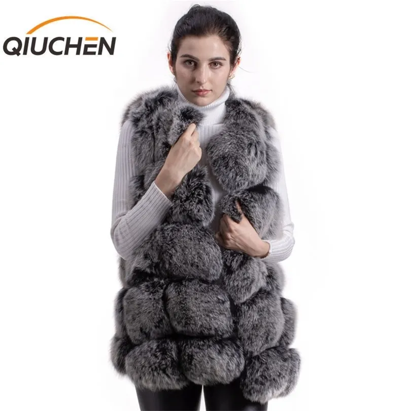 Qiuchen pj80 kış kalınlığında 70cm uzunluğunda kadınlar moda yüksek kaliteli gerçek kürk yelek 201016