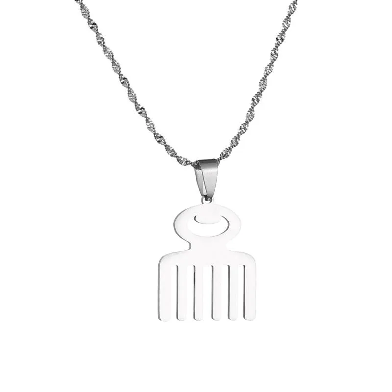 Chains Stainless Steel Silver African Adinkra Symbol DUAFE Wooden Comb Pendant Necklaces Ethnic Jewelry