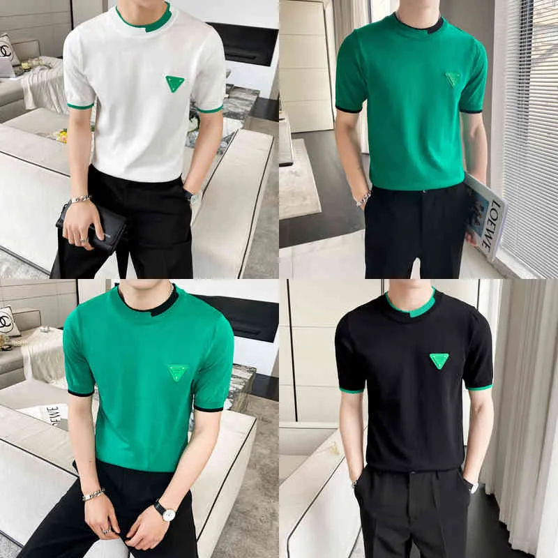 2022 Brand clothing Men's Summer Casual Knitting T-Shirt/Male Slim Fit Set Head Knit Shirts O-Neck Stretched Tee Shirt Homme Y220606