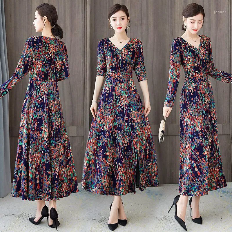 Casual Dresses Retro Floral Strickkleid Herbst 2022 Elegante Frauen V-Ausschnitt Slim A-Line Mode Plus Größe 4XL Weibliche Party Vestidos Y597