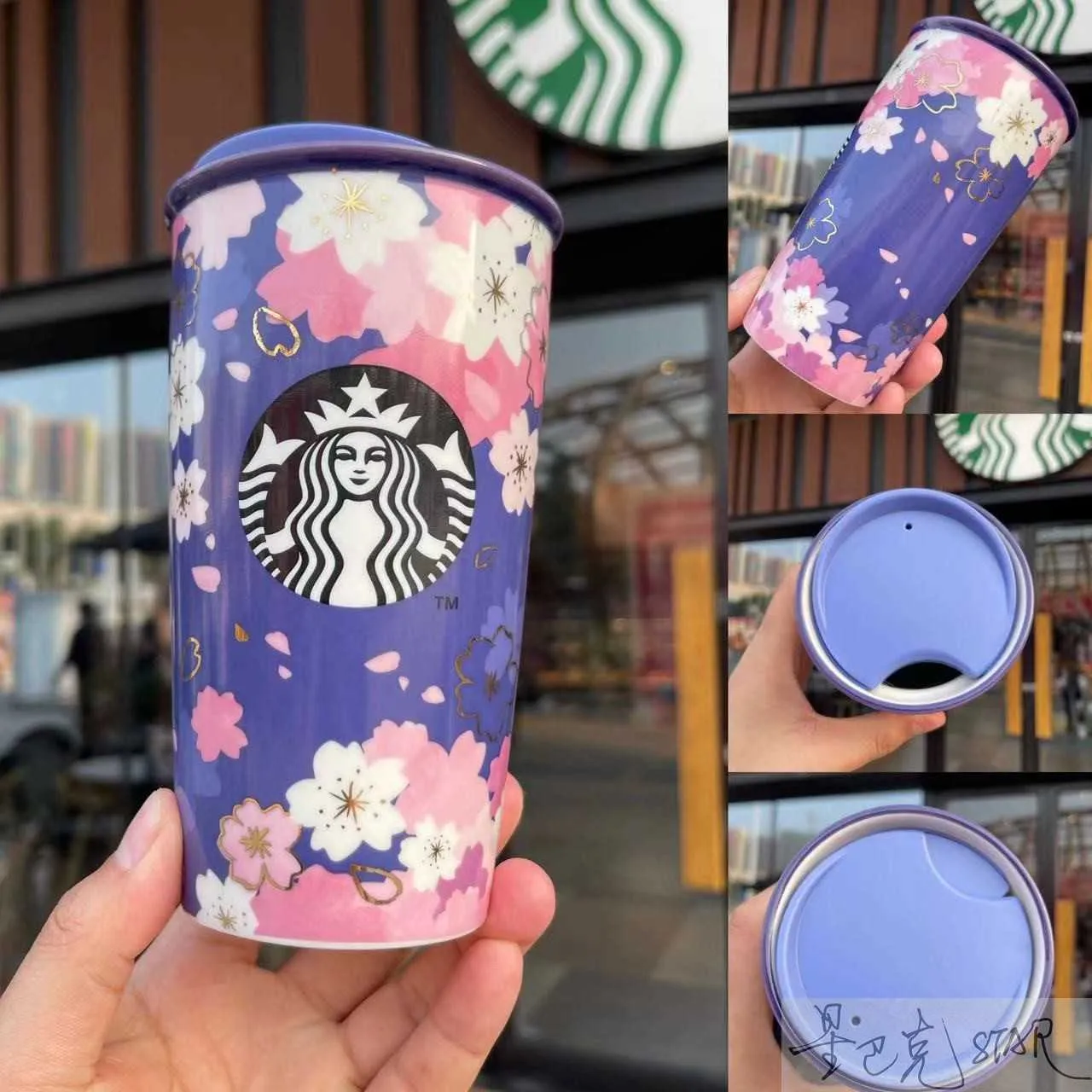 2023 Starbucks Glass Cup Gradient Sakura Tumbler w/Cherry blossom Topper New