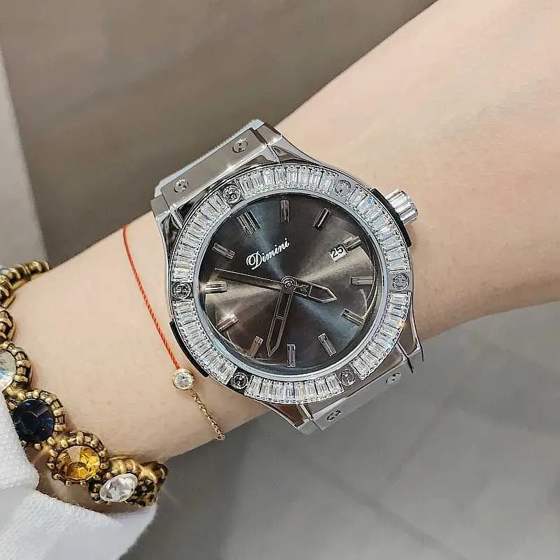 New men's and women's temperament diamond inlaid domineering large dial Silicone Tape calendar hollow three needle student watch