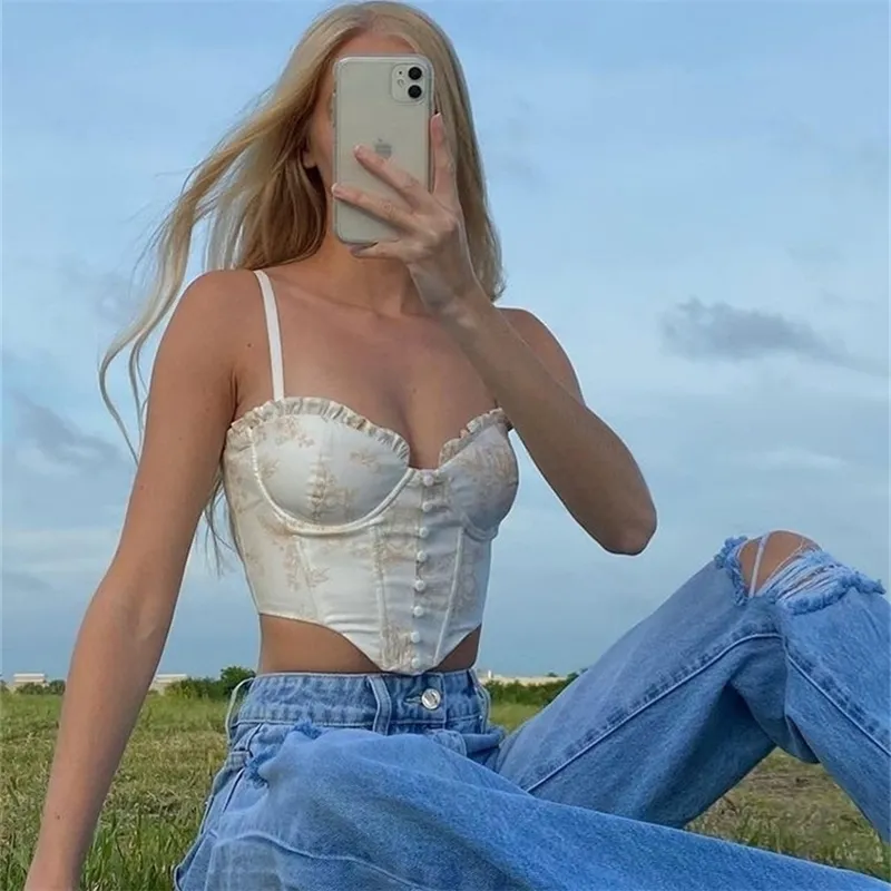 Haute qualité Corset Top Y2k Femmes Arrivées Mesh Floral Sexy Débardeur Bleu Femme Crop Top Pour Party Club Streetwear 220407