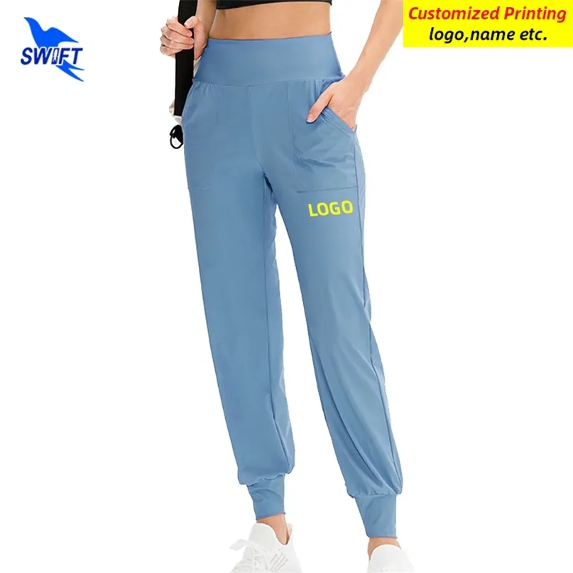 Anpassa kvinnor träning jogging springande tröjor med fickan hög midja snabb torr gym fitness byxor elastiska sportbottnar 220704