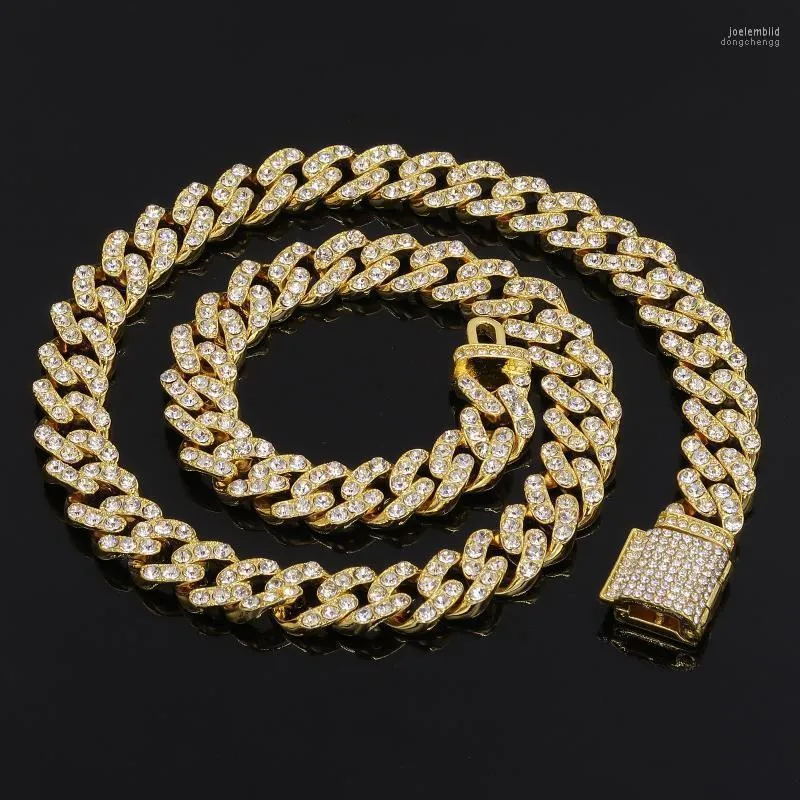 Ketten Ein Set Hip Hop Miami Curb Kubanische Kette Halskette Goldene Iced Out Strass CZ Rapper Link Silber Farbe Männer schmuck