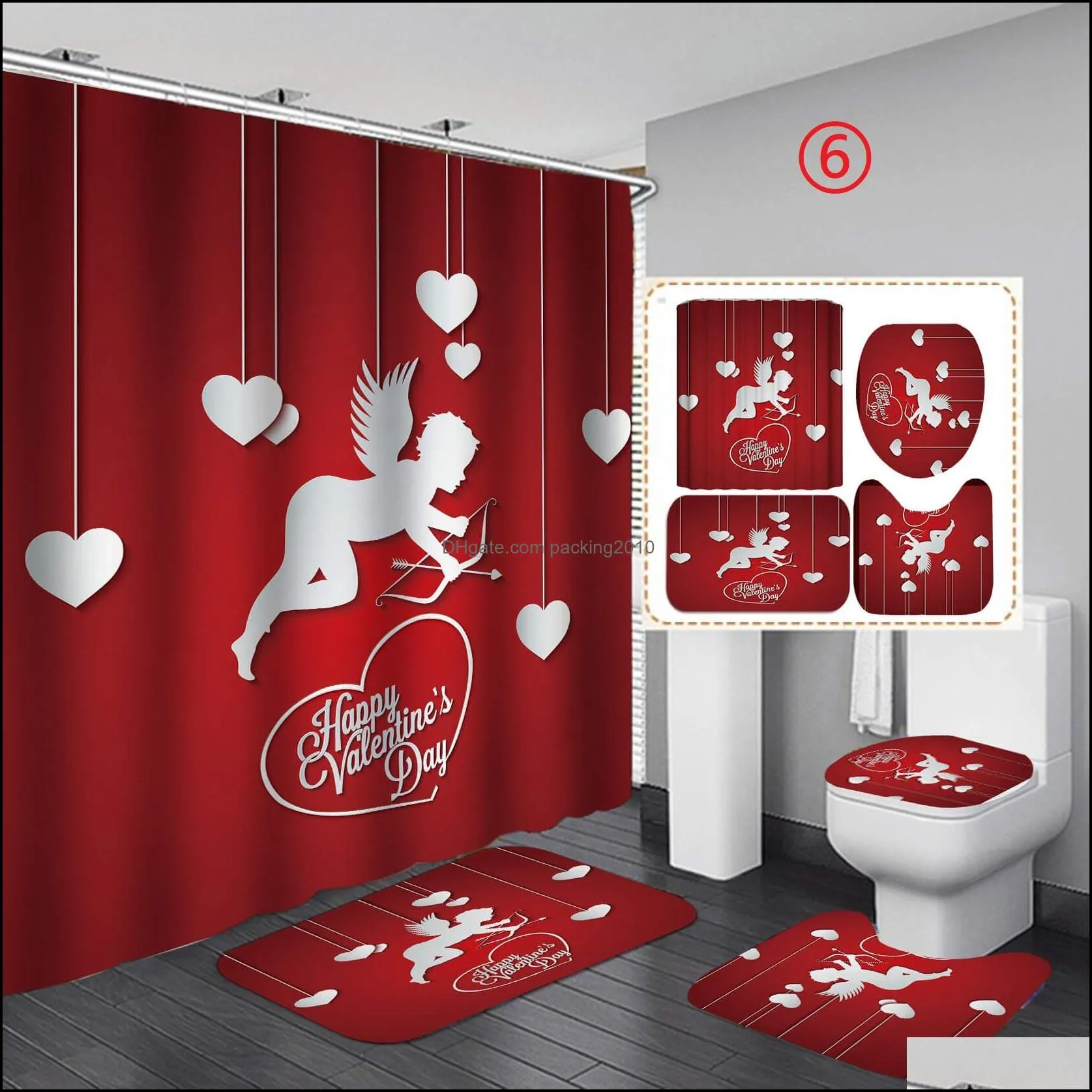 4 Pcs Bathroom Sets Shower Curtain Set Toilet Cover 180X180CM Toilet Seat Covers Floor Mat for Valentine