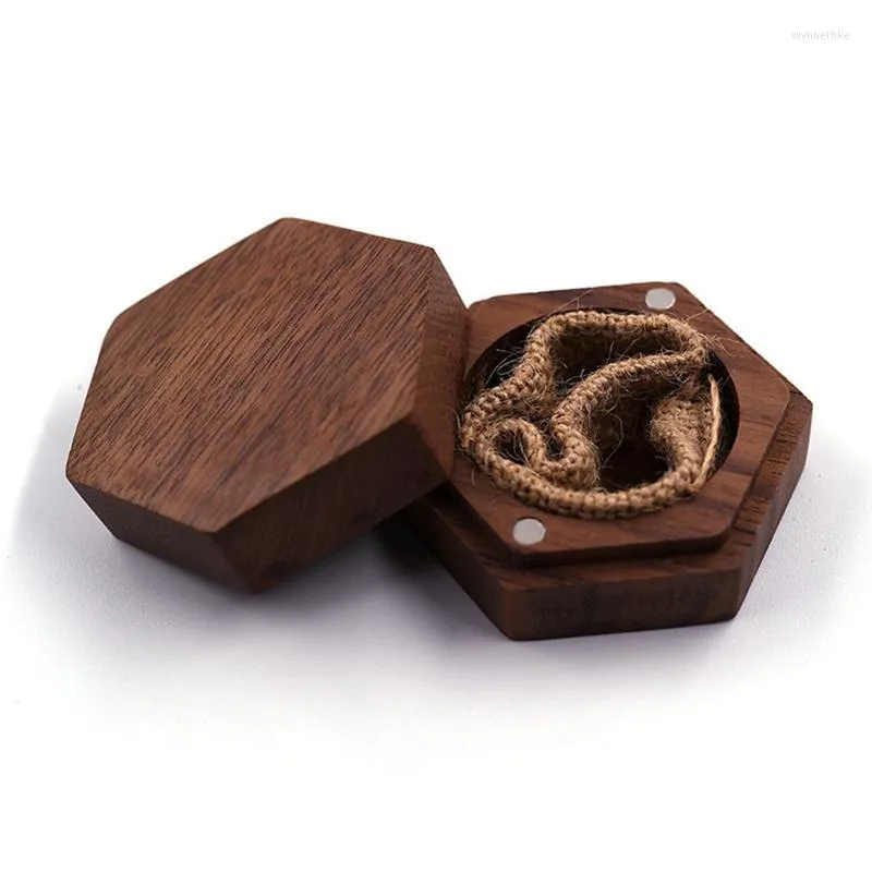 Torebki biżuterii torby czarny orzech heksagon spersonalizowany rustykalny ślubny drewniany ring pudełka na prezent Wynn22