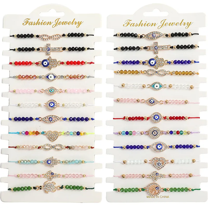 12 pièces/ensemble nouveau bleu mauvais œil bracelets pour femme cristal arbre main croix coeur tortue breloque perles corde chaîne chaîne réglable bracelet mode bijoux cadeau