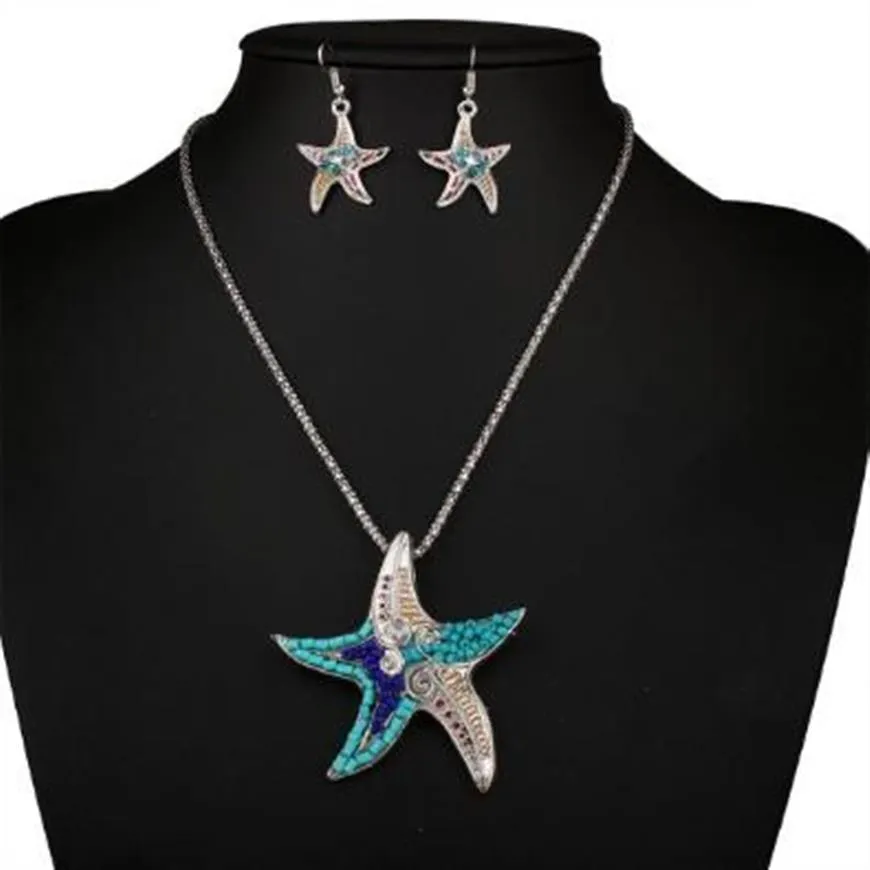 Novelty Womens Necklace Earring Sets Fish Star Pendant Silver Plated Metal Chain Seedbeads Decoration Jewelry Sets243S