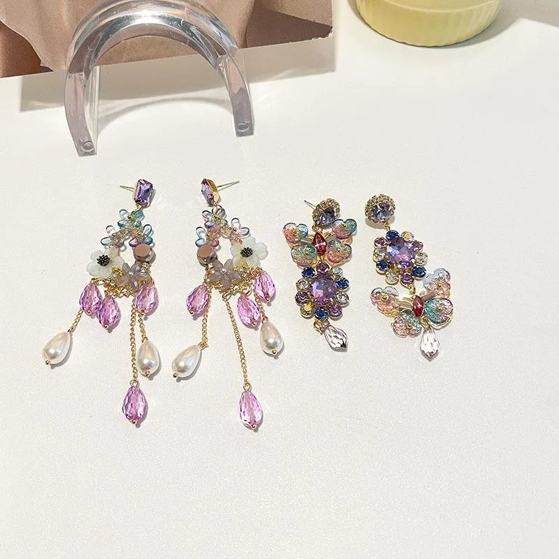 Bengelen kroonluchter kristal vlinder oorbellen voor vrouwen lange ketting kwast temperament bloemen drop hanging earringdangle