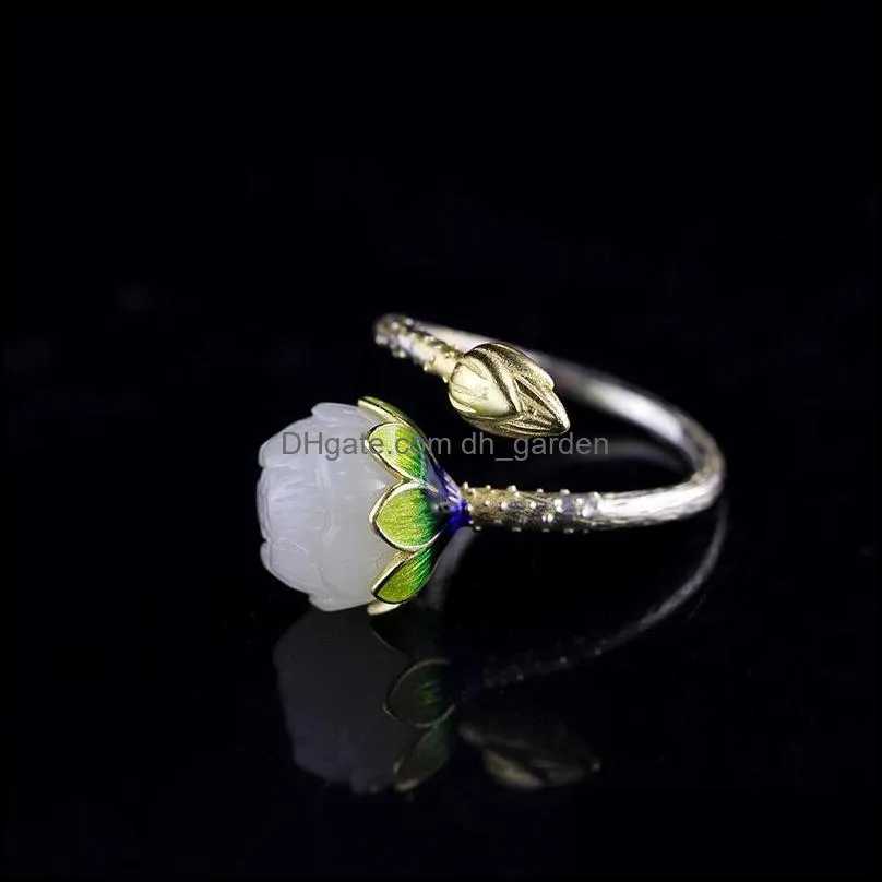 925 Sterling Silver Lotus Ring With White Jade For Women Natural Stone Vintage Cloisonne Open Rings