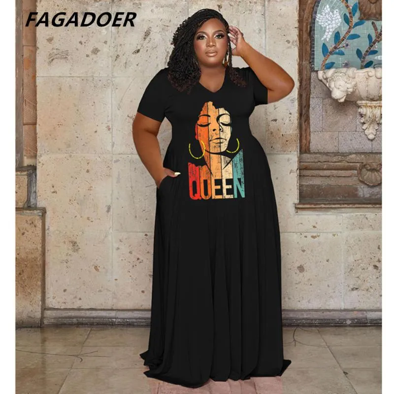 Plus Size Klänningar FAGADOER Casual Print Lösgolv Dam Rundhals Kortärmad Robe XL-5XL Mode Streetweat Vestiods 2022