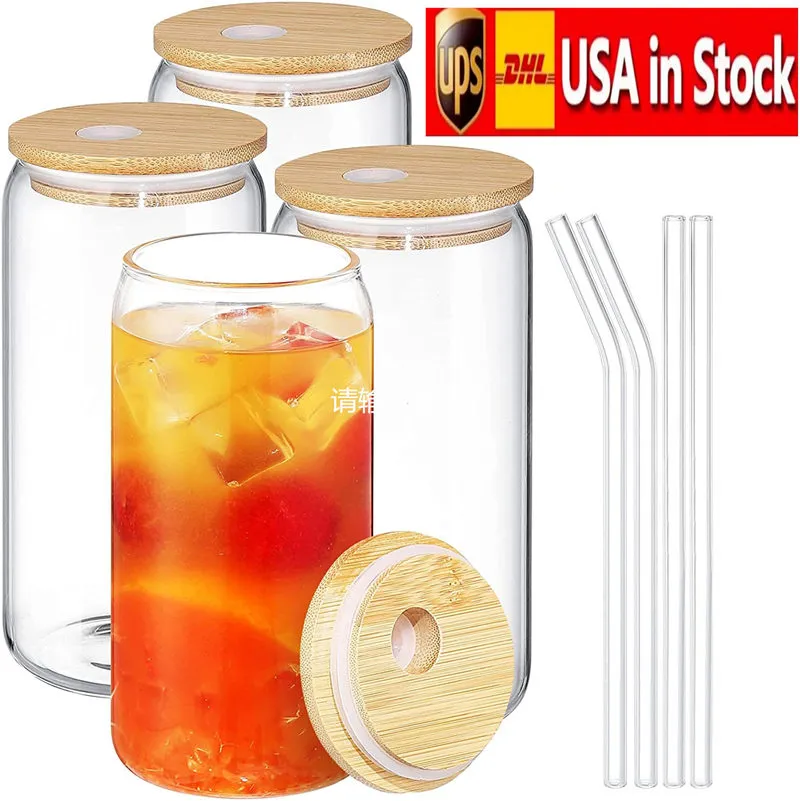 米国在庫12オンス16オンスの昇華ガラスビールマグカメと竹のふたストローdiyブランクフロストクリア缶の形をしたタンブラーカップ熱伝達メガネ