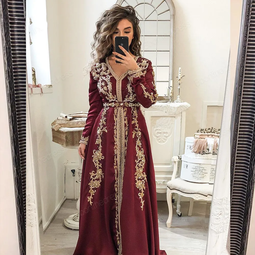 Mode bordeaux marocain caftan robes de soirée broderie Appliques longue robe de bal à manches longues arabe musulman robes de soirée