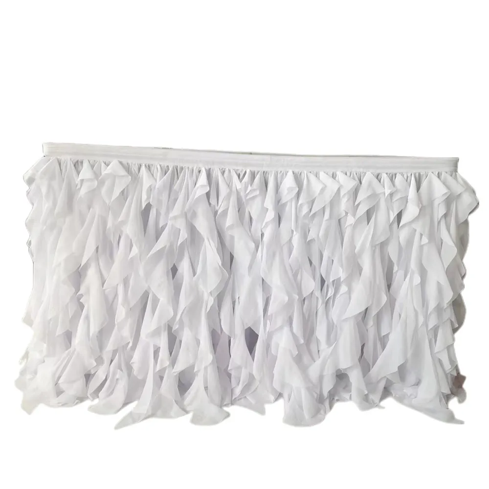 Saia de mesa franzida de salgueiro branco com 10 pés de comprimento Rodapé de mesa com babados de chiffon