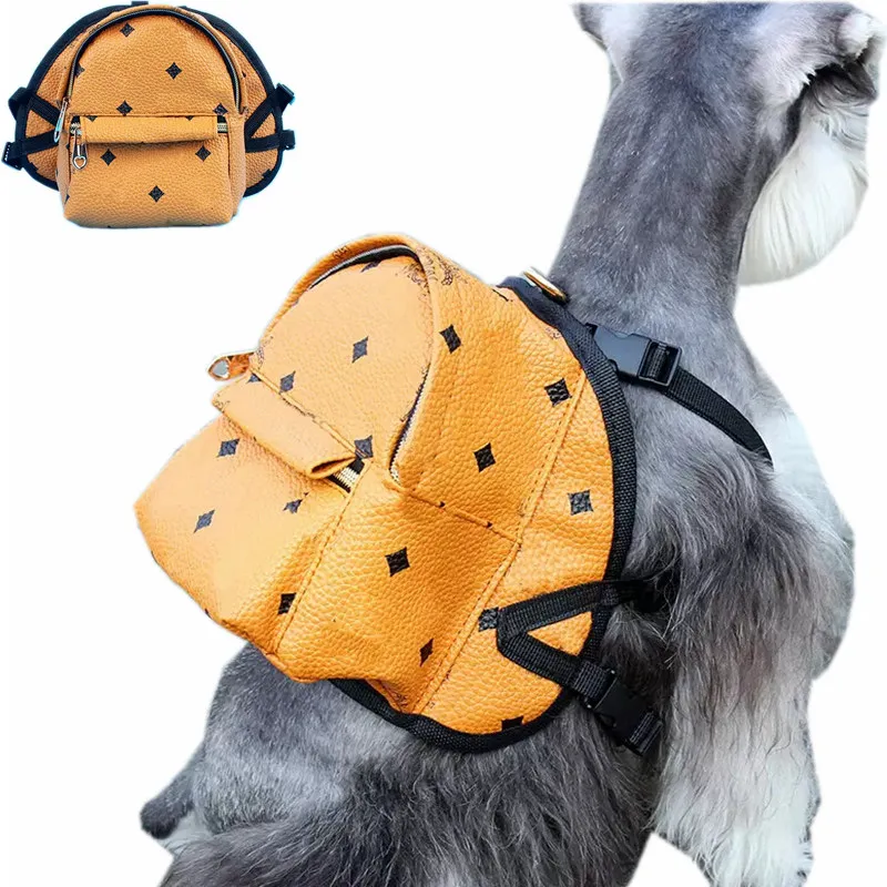 Designer Dog Backpack No-Pull Pet Harness Vest met zadeltas D-ring klassiek patroon lederen hondentassen zelfdrager rugzakken verstelbare gaasvesten voor kleine honden 02